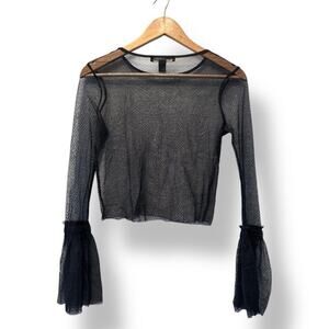 Forever 21 Black Sheer Long Bell Sleeve Crop Fairy Whinsigoth Edgy Club Top Sz M